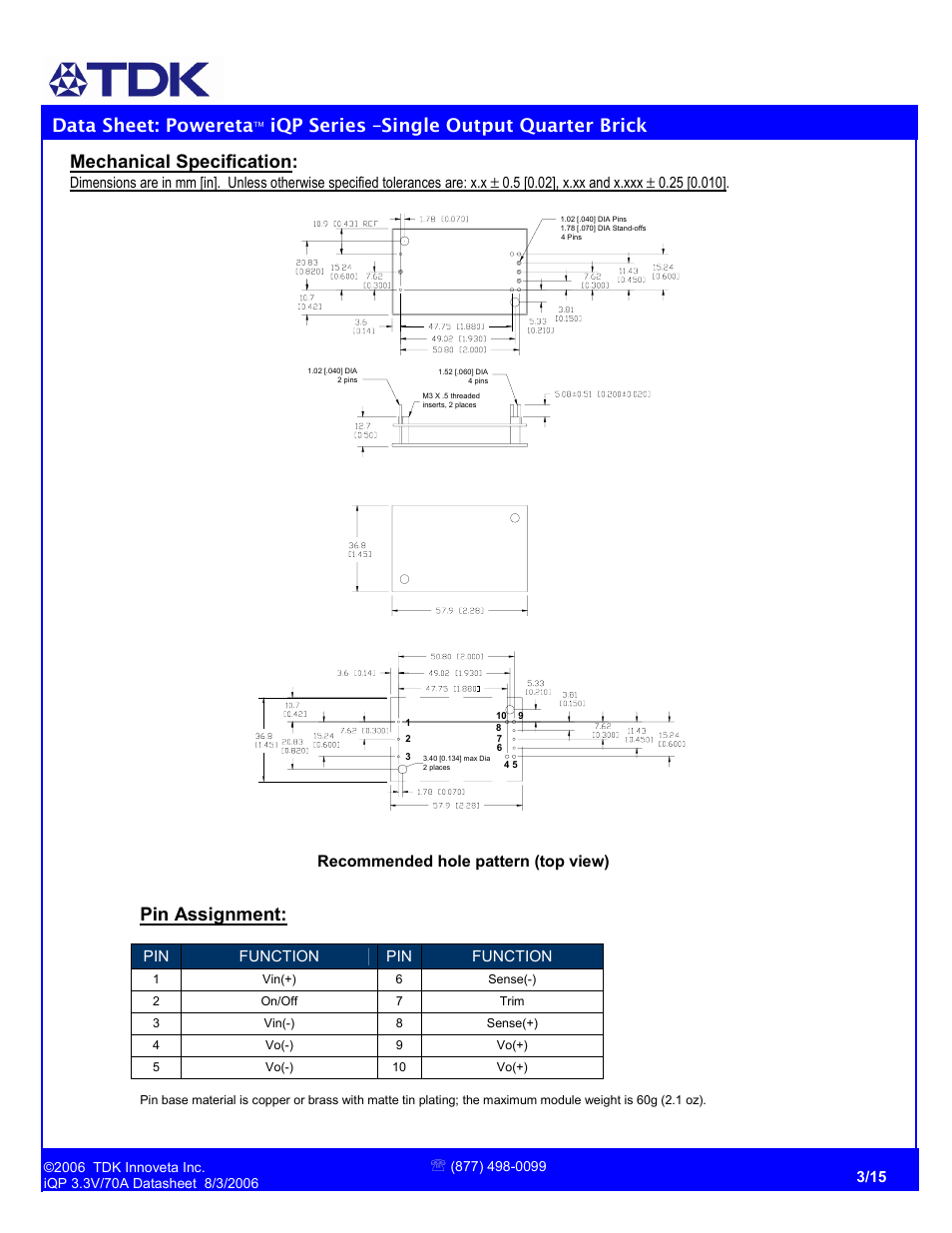 Data sheet: powereta, Iqp series –single output quarter brick, Mechanical specification | Pin assignment, Recommended hole pattern (top view) | TDK Powereta iQP48070A033 User Manual | Page 3 / 15