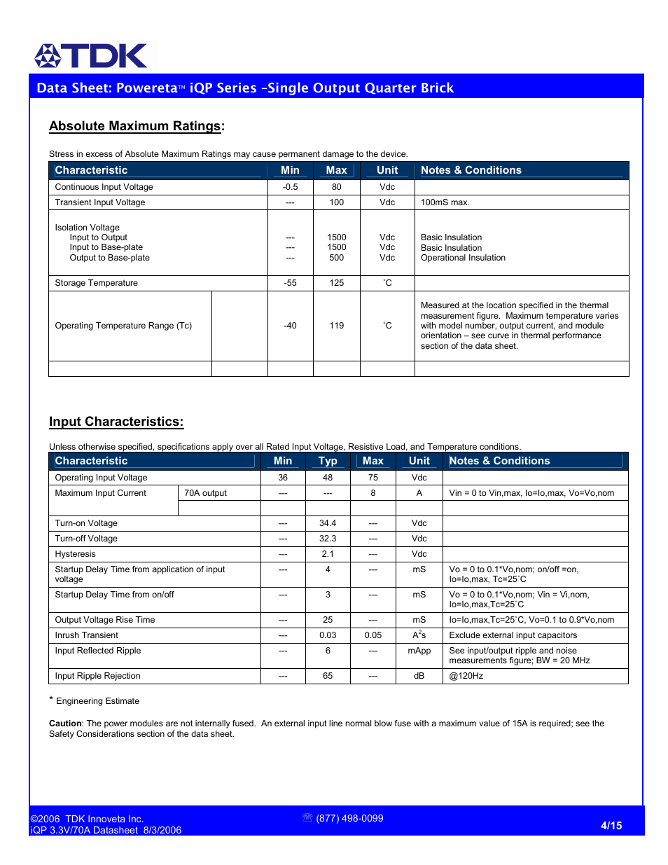 Data sheet: powereta, Iqp series –single output quarter brick, Absolute maximum ratings | Input characteristics | TDK Powereta iQP48070A033 User Manual | Page 4 / 15