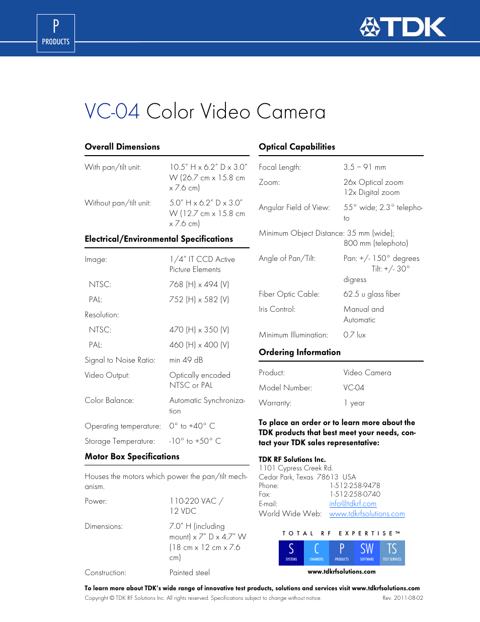 Vc-04 color video camera | TDK VC-04 User Manual | Page 2 / 2