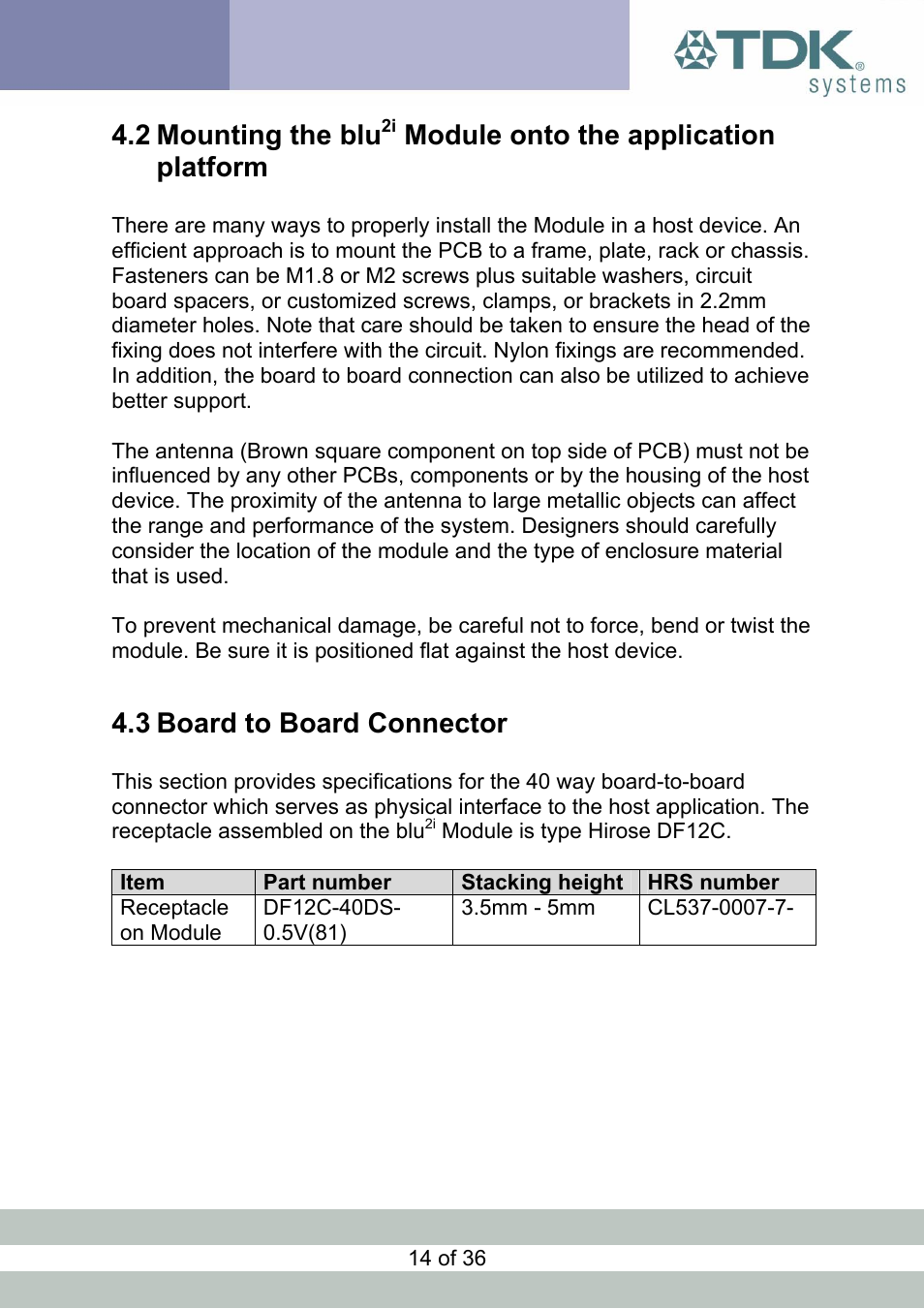 Board to board connector, Ounting the blu, Odule onto the application platform | Oard to, Oard, Onnector, 2 mounting the blu, Module onto the application platform, 3 board to board connector | TDK Module blu2i User Manual | Page 14 / 36