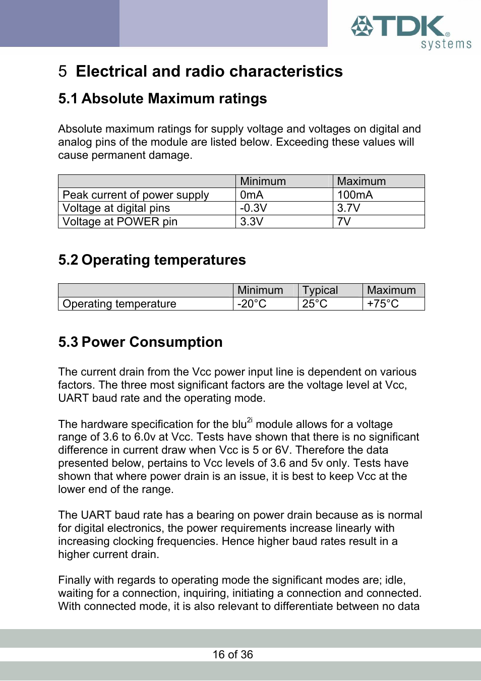 Electrical and radio characteristics, Absolute maximum ratings, Operating temperatures | Power consumption, Bsolute, Aximum ratings, Perating temperatures, Ower, Onsumption, Electrical and radio characteristics 5 | TDK Module blu2i User Manual | Page 16 / 36