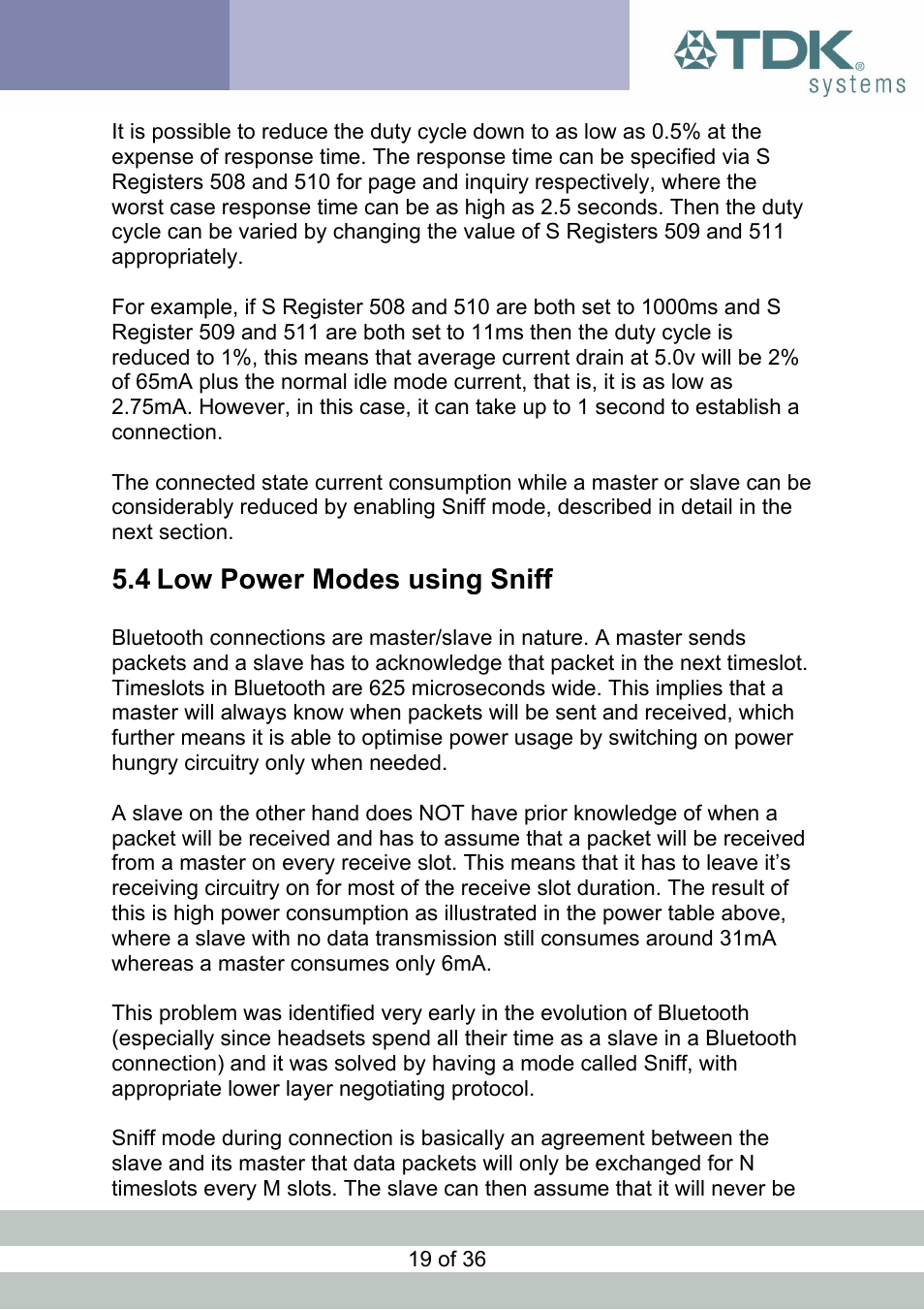 Low power modes using sniff, Ower, Odes using | Niff, 4 low power modes using sniff | TDK Module blu2i User Manual | Page 19 / 36