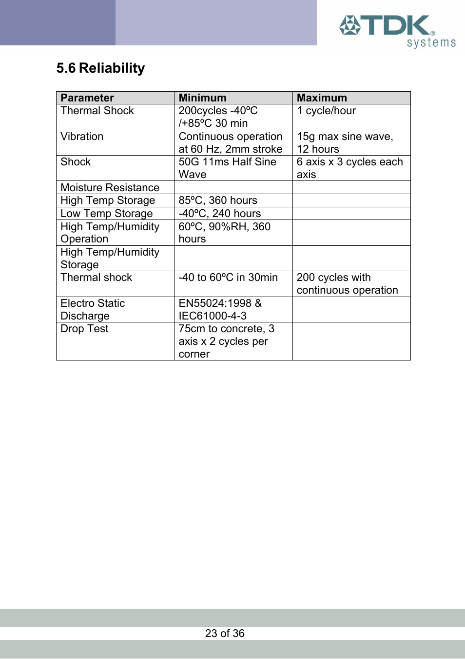 Reliability, Eliability, 6 reliability | TDK Module blu2i User Manual | Page 23 / 36