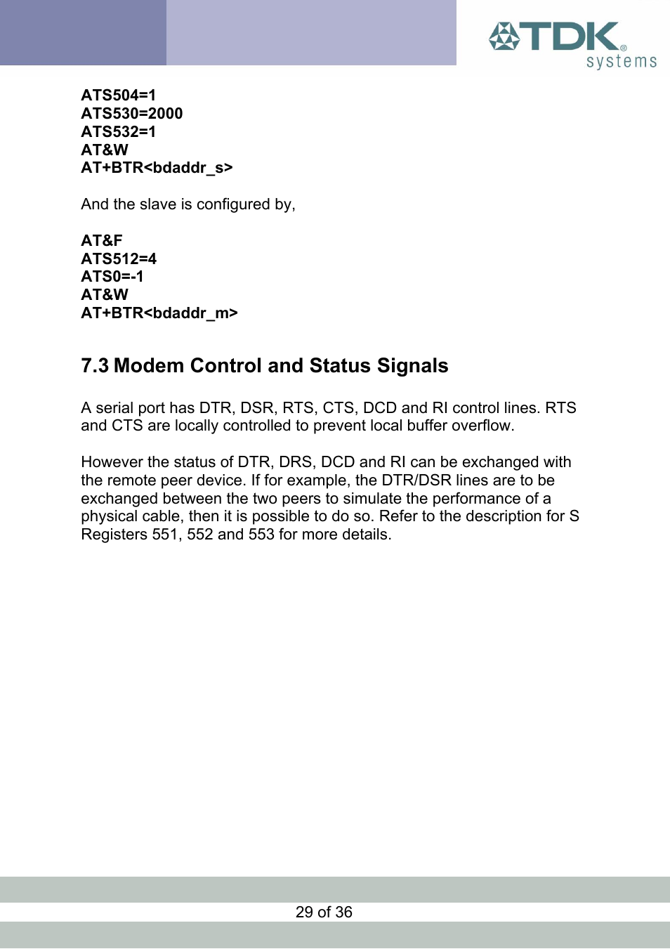 Modem control and status signals, Odem, Ontrol and | Tatus, Ignals, 3 modem control and status signals | TDK Module blu2i User Manual | Page 29 / 36