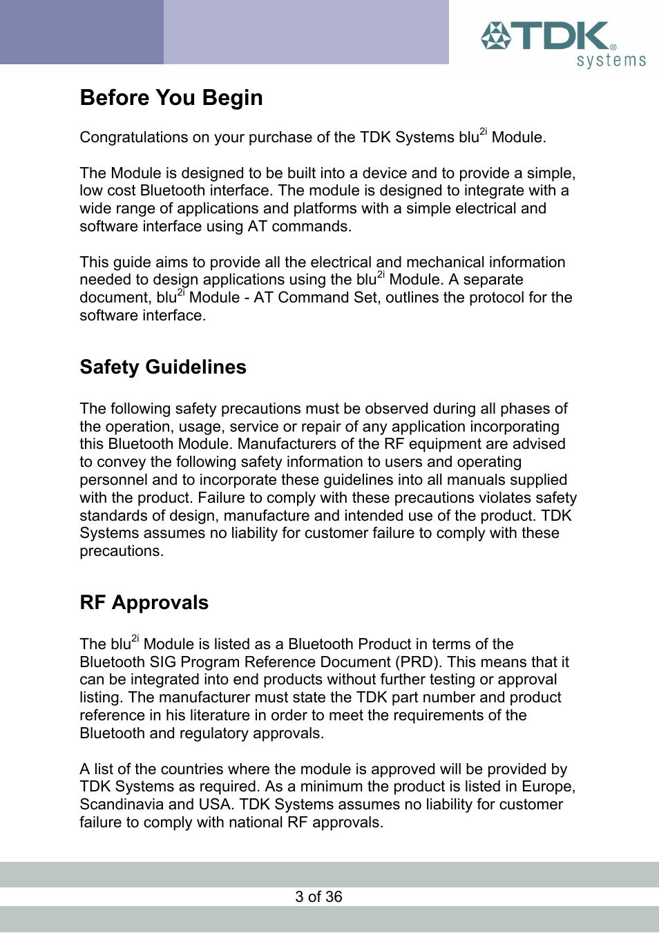Before you begin, Safety guidelines, Rf approvals | Afety, Uidelines, Pprovals | TDK Module blu2i User Manual | Page 3 / 36