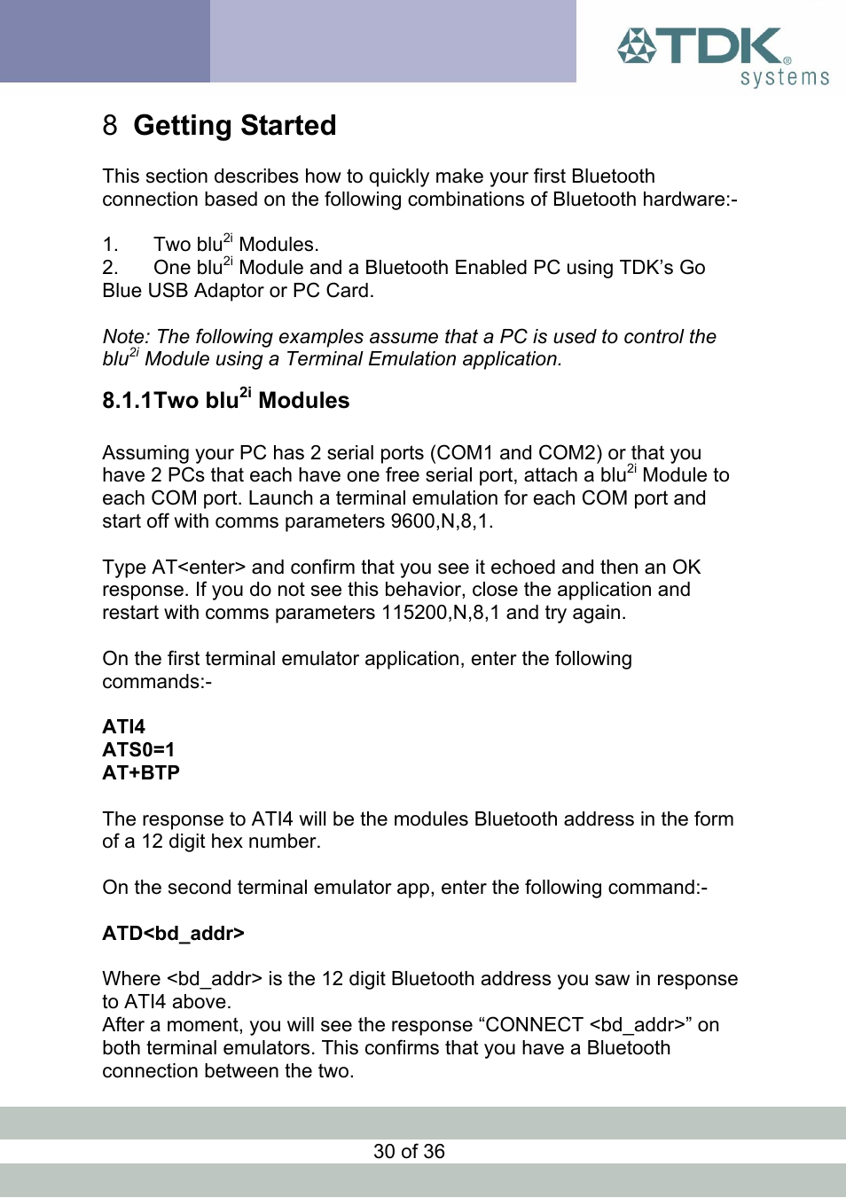 Getting started, Two blu2i modules, Two blu | Modules, Getting started 8, 1 two blu | TDK Module blu2i User Manual | Page 30 / 36