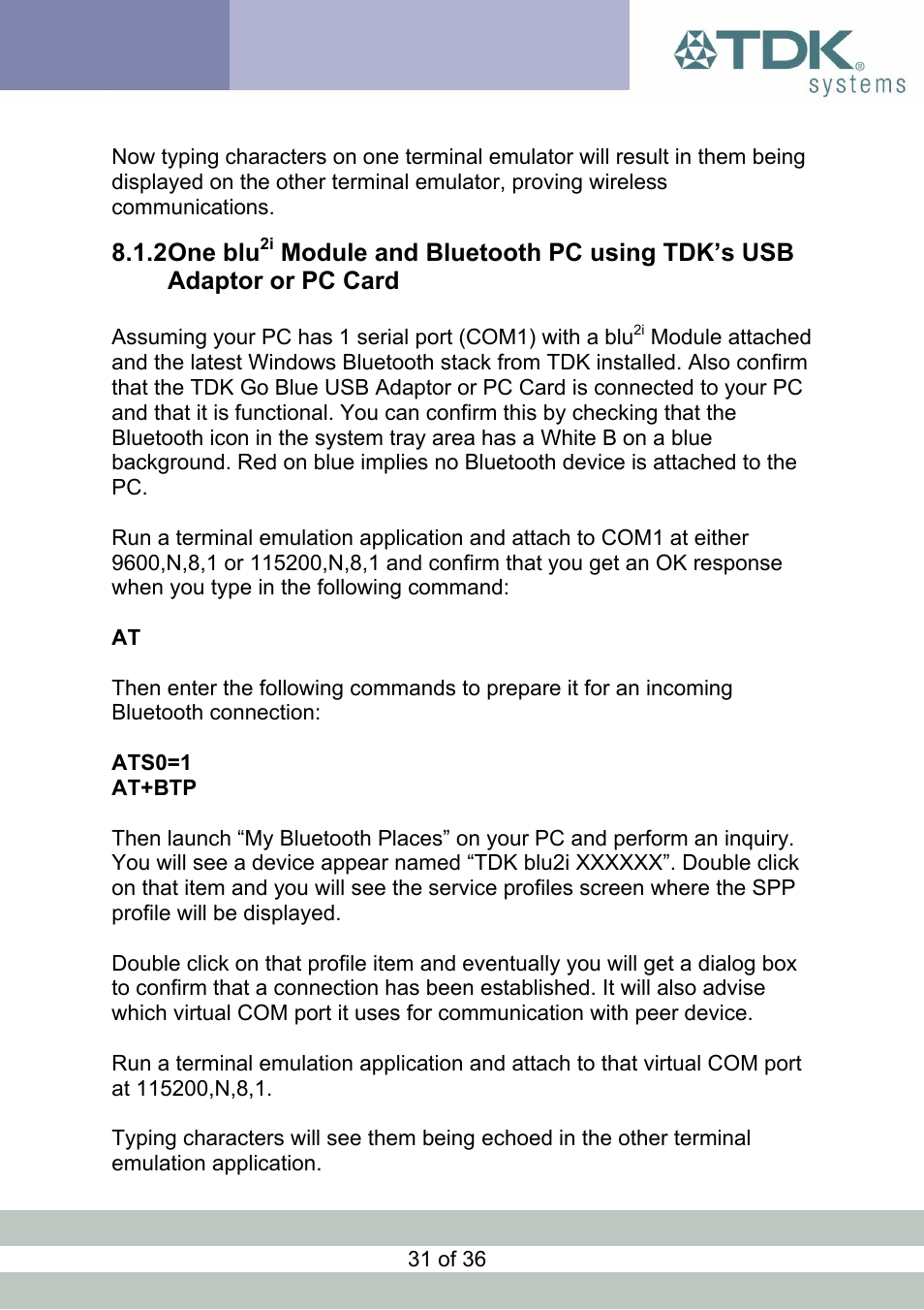 One blu2i module and bluetooth pc using tdk’s usb, One blu, 2 one blu | TDK Module blu2i User Manual | Page 31 / 36