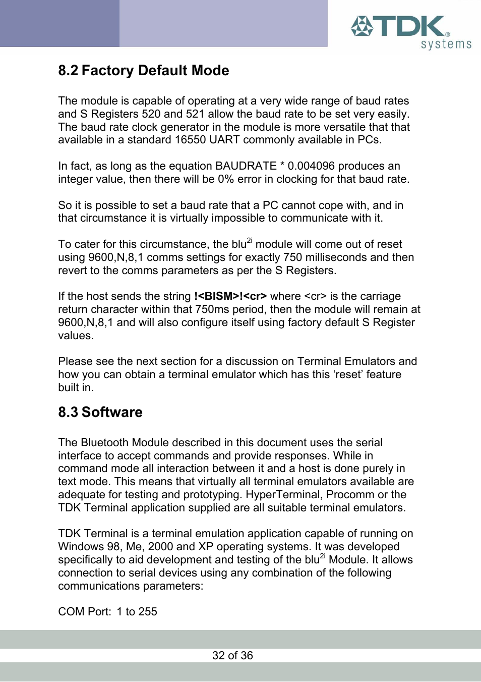 Factory default mode, Software, Actory | Efault, Oftware, 2 factory default mode, 3 software | TDK Module blu2i User Manual | Page 32 / 36