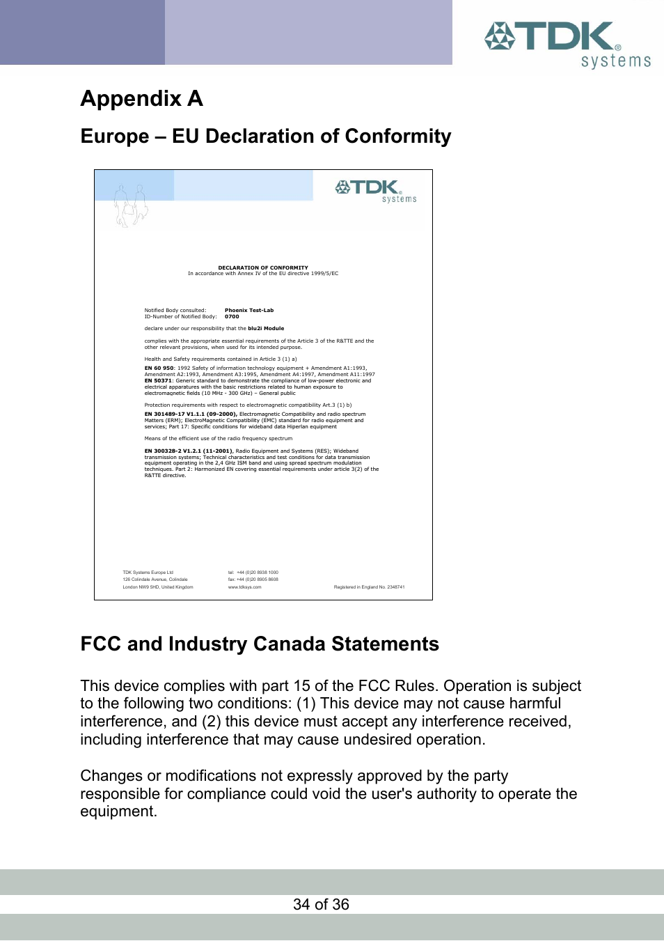 Appendix a, Europe – eu declaration of conformity, Fcc and industry canada statements | Urope, Eclaration of, Onformity, Ndustry, Anada, Tatements | TDK Module blu2i User Manual | Page 34 / 36
