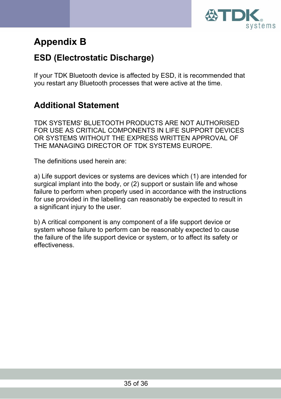 Appendix b, Esd (electrostatic discharge), Additional statement | Lectrostatic, Ischarge, Dditional, Tatement | TDK Module blu2i User Manual | Page 35 / 36