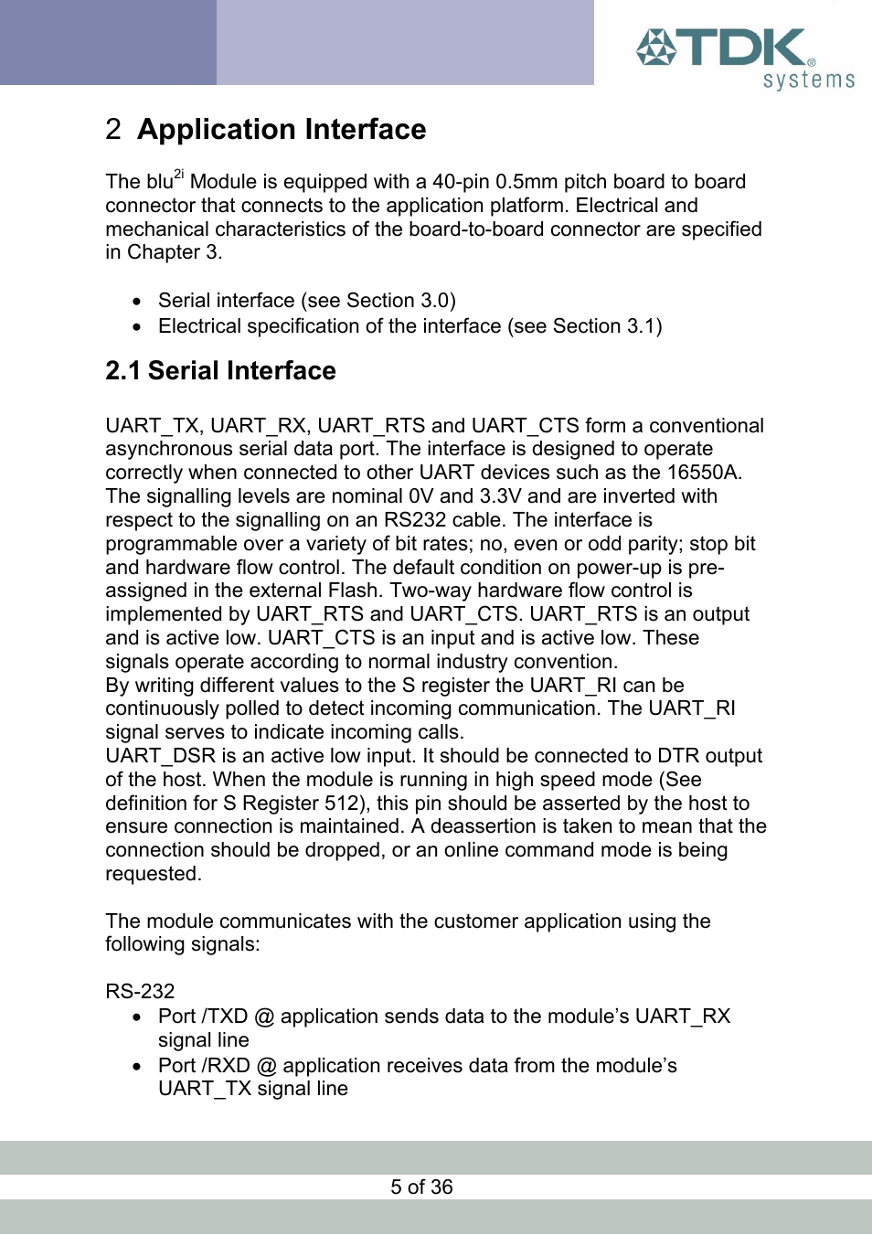 Application interface, Serial interface, Erial | Nterface, Application interface 2, 1 serial interface | TDK Module blu2i User Manual | Page 5 / 36