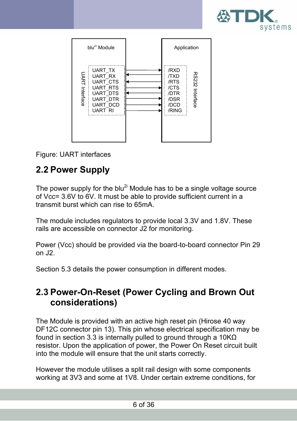 Power supply, Ower, Upply | Eset, Ycling and, Rown, Ut considerations, 2 power supply, Figure: uart interfaces, The power supply for the blu | TDK Module blu2i User Manual | Page 6 / 36
