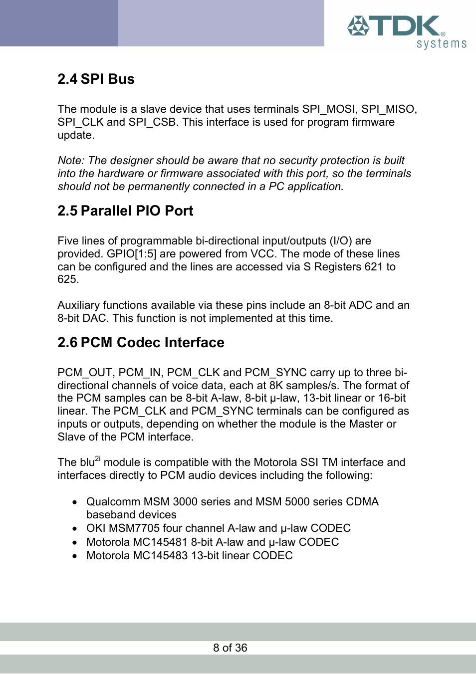 Spi bus, Parallel pio port, Pcm codec interface | 4 spi, Arallel, 6 pcm, Odec, Nterface, 4 spi bus, 5 parallel pio port | TDK Module blu2i User Manual | Page 8 / 36