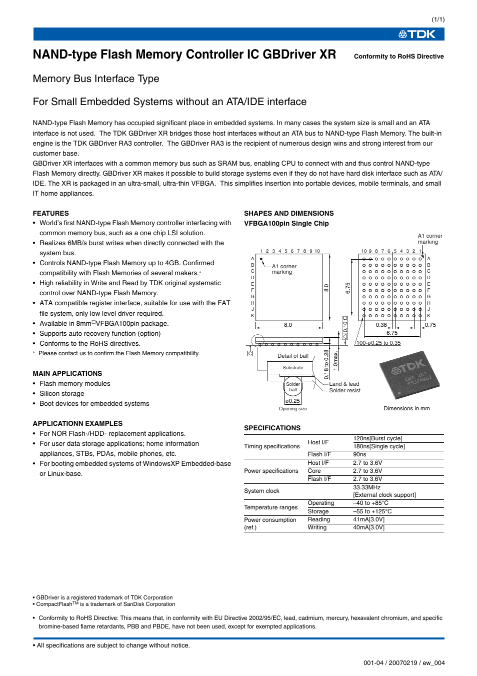 TDK Memory Bus Interface Type User Manual | 1 page