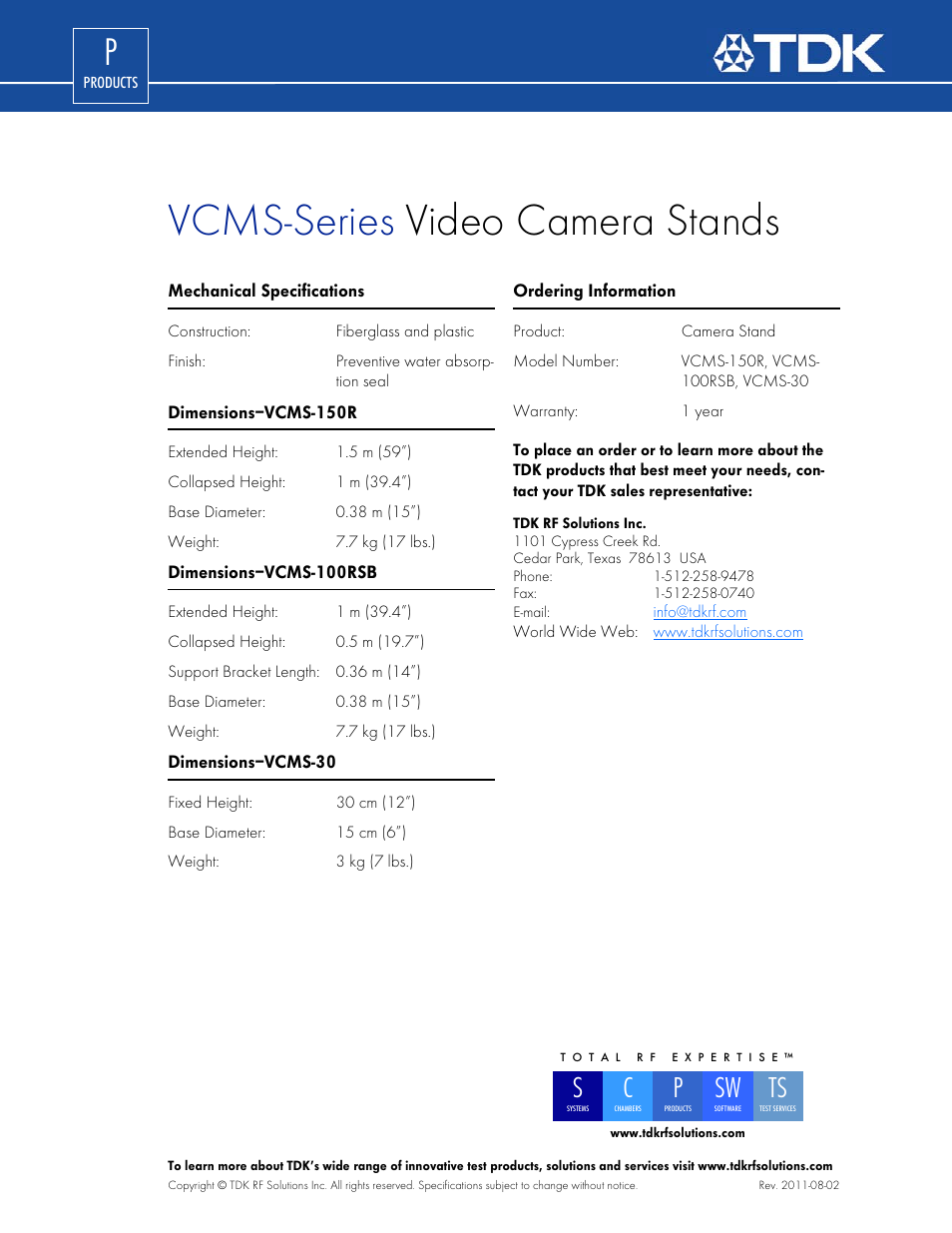 Vcms-series video camera stands | TDK VCMS-30 User Manual | Page 2 / 2