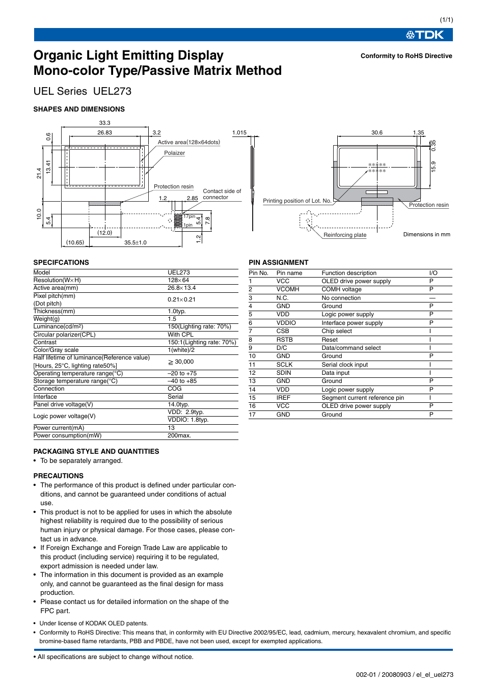 TDK UEL Series UEL273 User Manual | 1 page