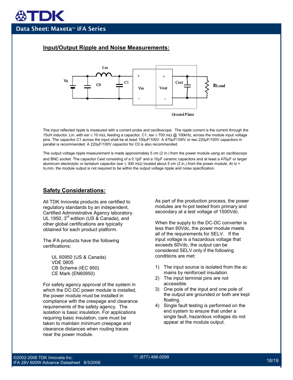 Data sheet: maxeta, Ifa series, Input/output ripple and noise measurements | Safety considerations | TDK Maxeta iFA Series User Manual | Page 18 / 19