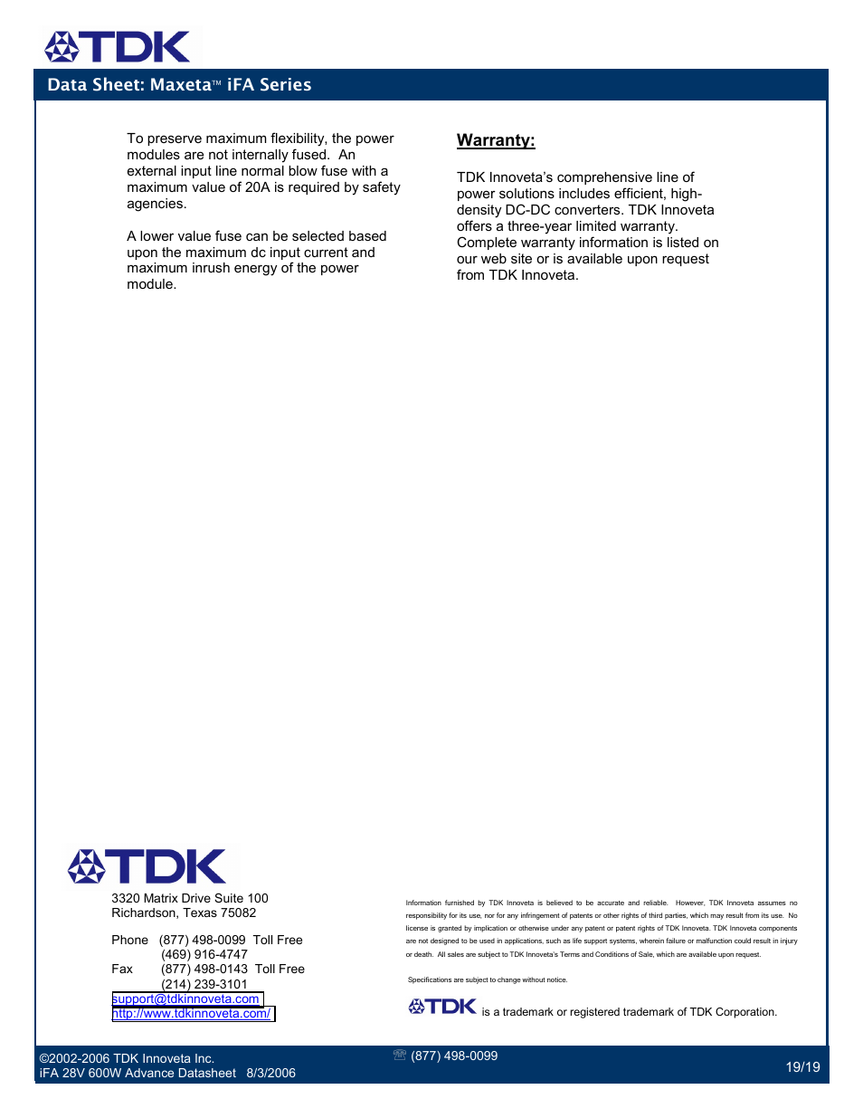 Data sheet: maxeta, Ifa series, Warranty | TDK Maxeta iFA Series User Manual | Page 19 / 19