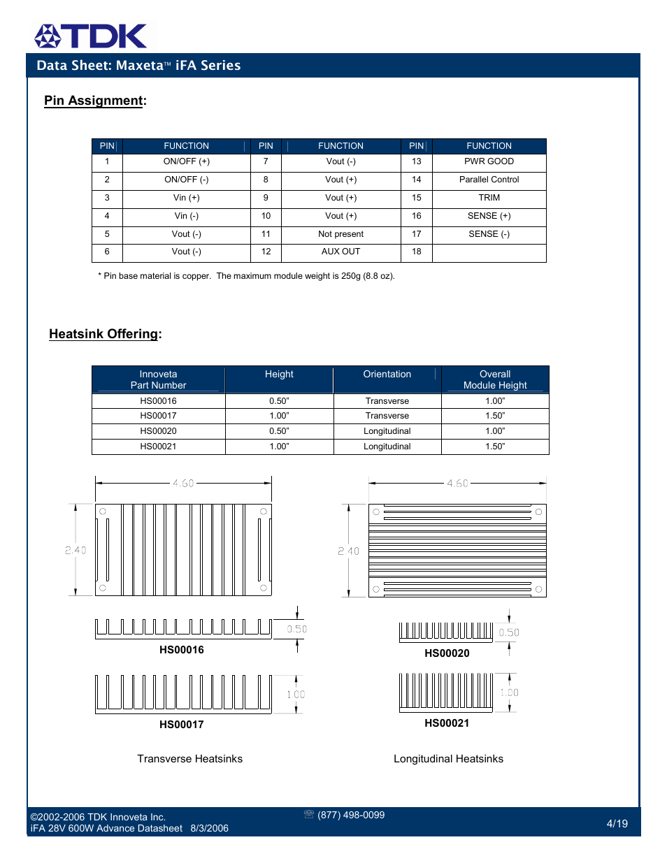 Data sheet: maxeta, Ifa series, Pin assignment | Heatsink offering | TDK Maxeta iFA Series User Manual | Page 4 / 19