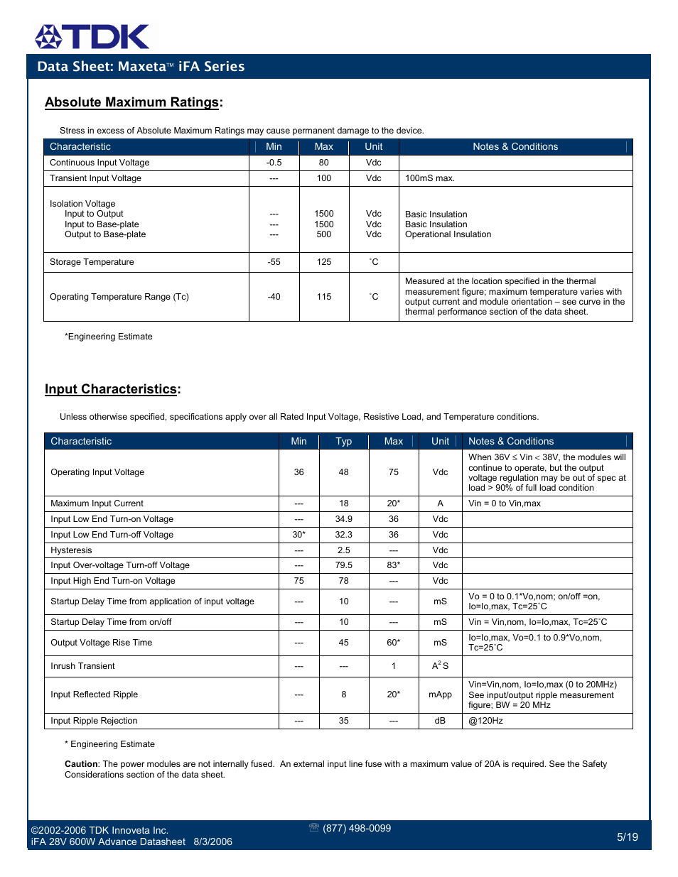 Data sheet: maxeta, Ifa series, Absolute maximum ratings | Input characteristics | TDK Maxeta iFA Series User Manual | Page 5 / 19