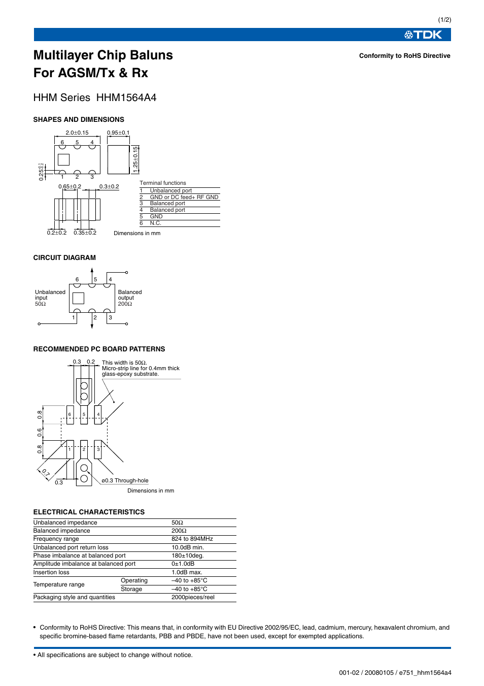 TDK HHM Series HHM1564A User Manual | 2 pages