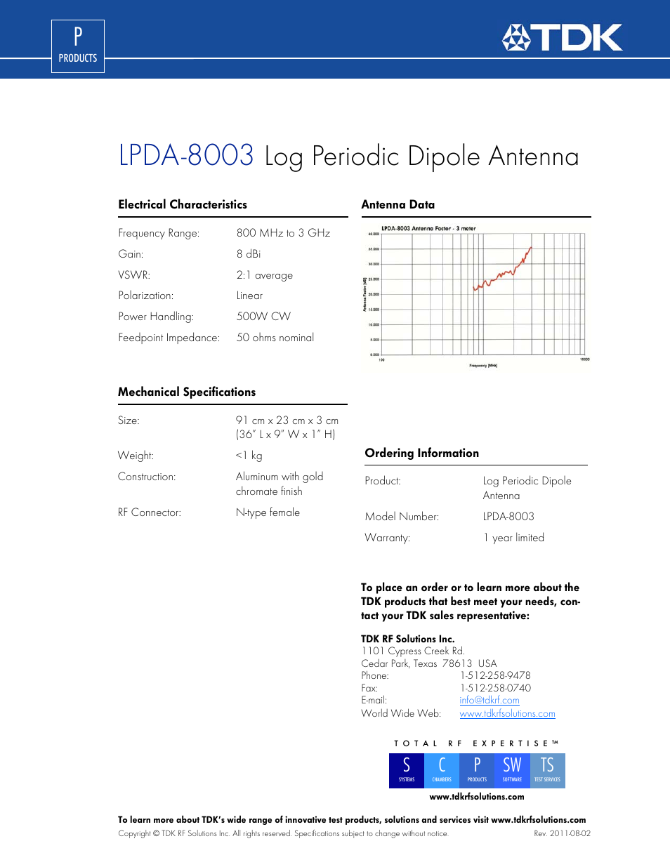 Lpda-8003, Log periodic dipole antenna | TDK LPDA-8003 User Manual | Page 2 / 2