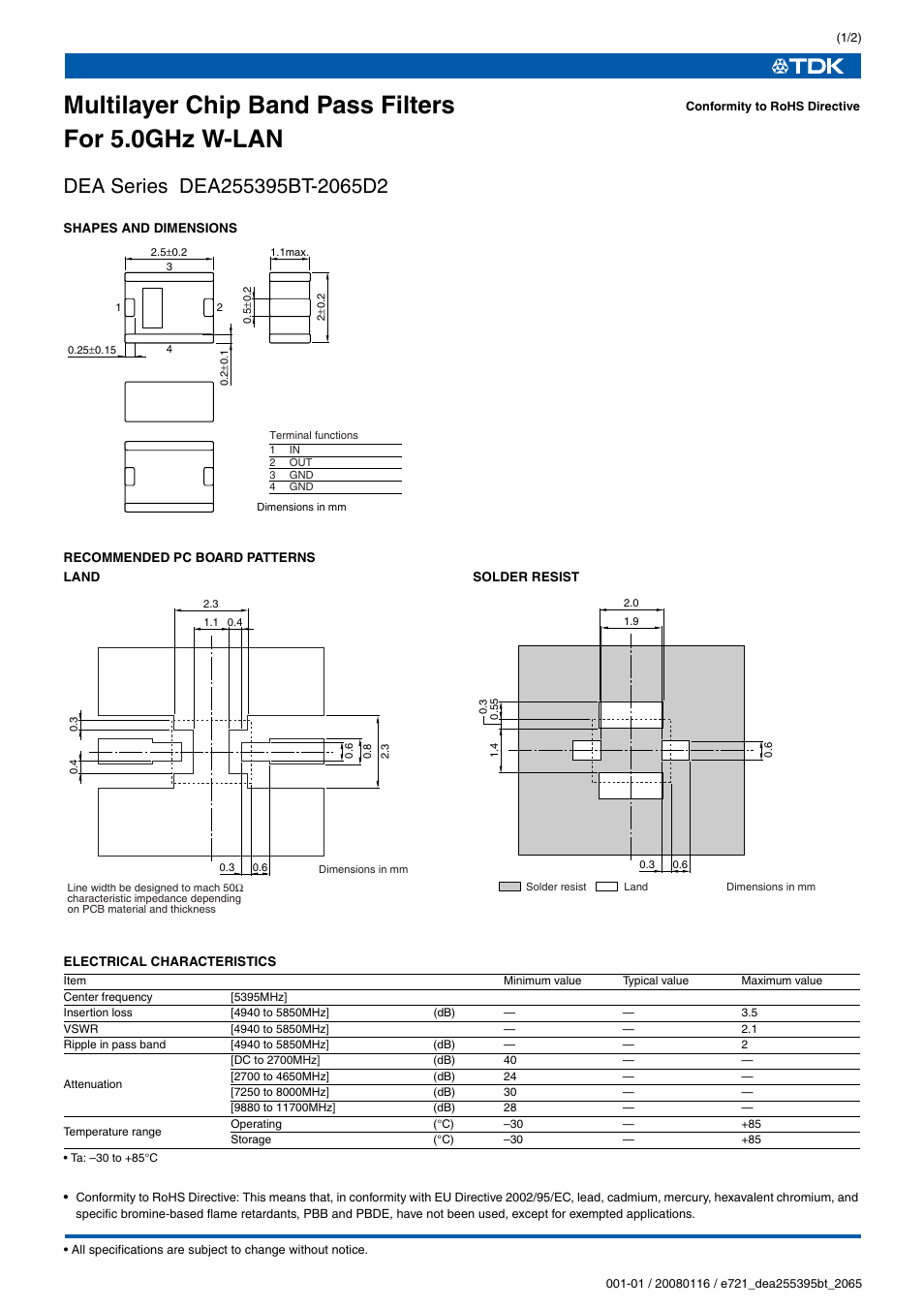 TDK DEA Series DEA255395BT-2065D2 User Manual | 2 pages