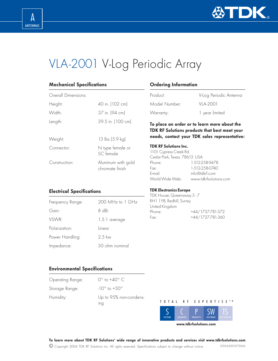 Vla-2001 v-log periodic array | TDK VLA-2001 User Manual | Page 2 / 2
