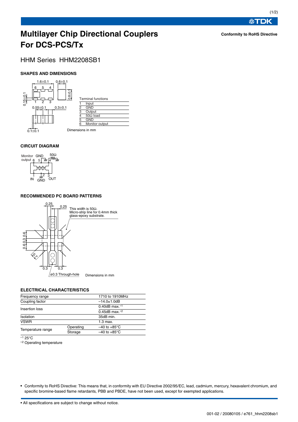 TDK HHM Series HHM2208SB1 User Manual | 2 pages