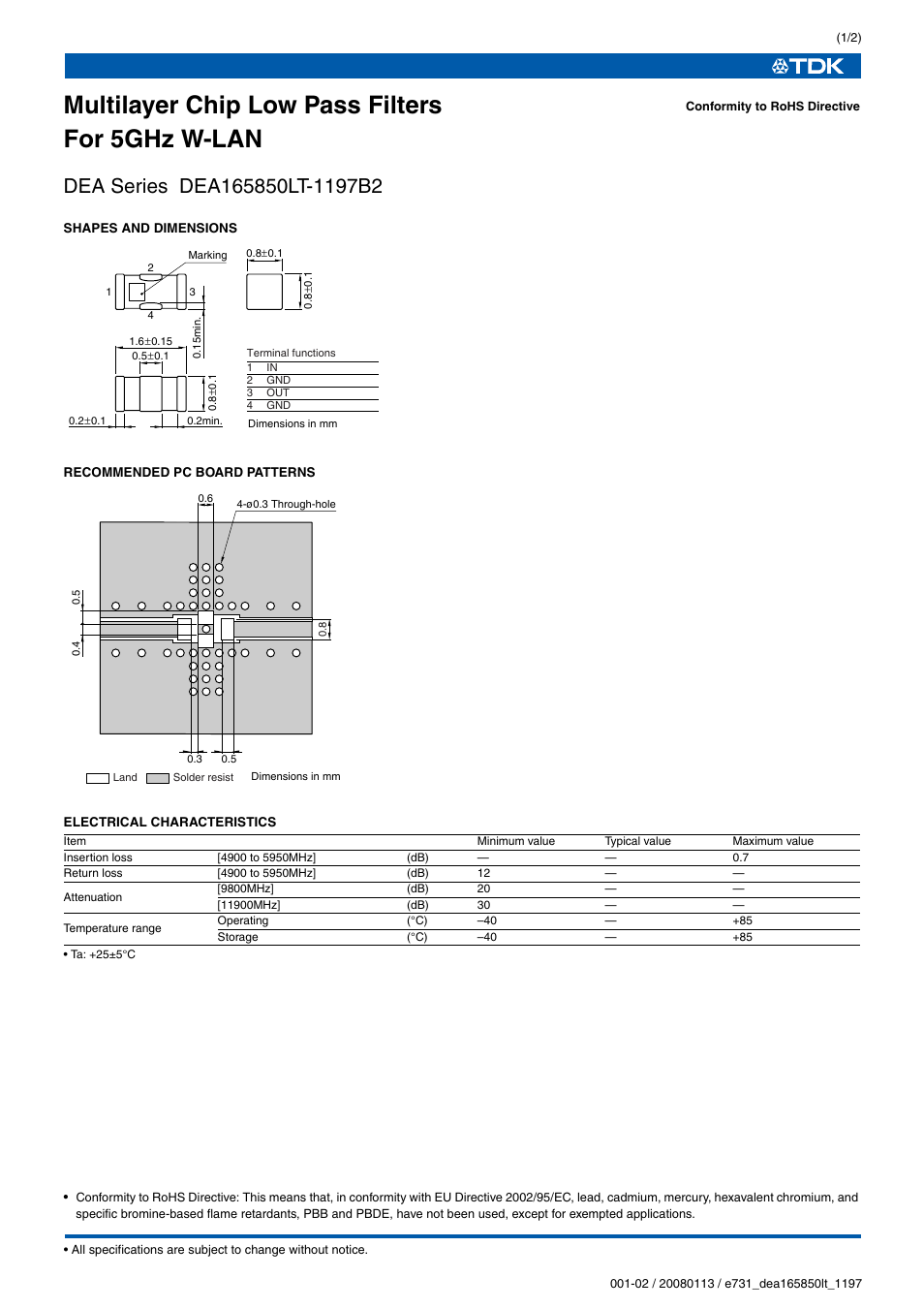 TDK DEA Series DEA165850LT-1197B2 User Manual | 2 pages