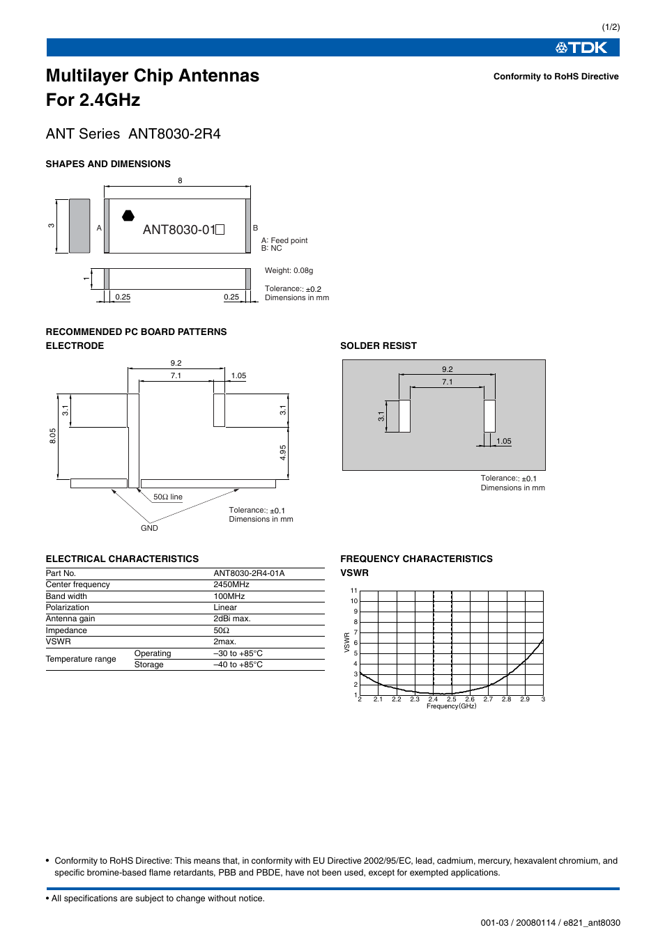 TDK ANT8030-2R4 User Manual | 2 pages