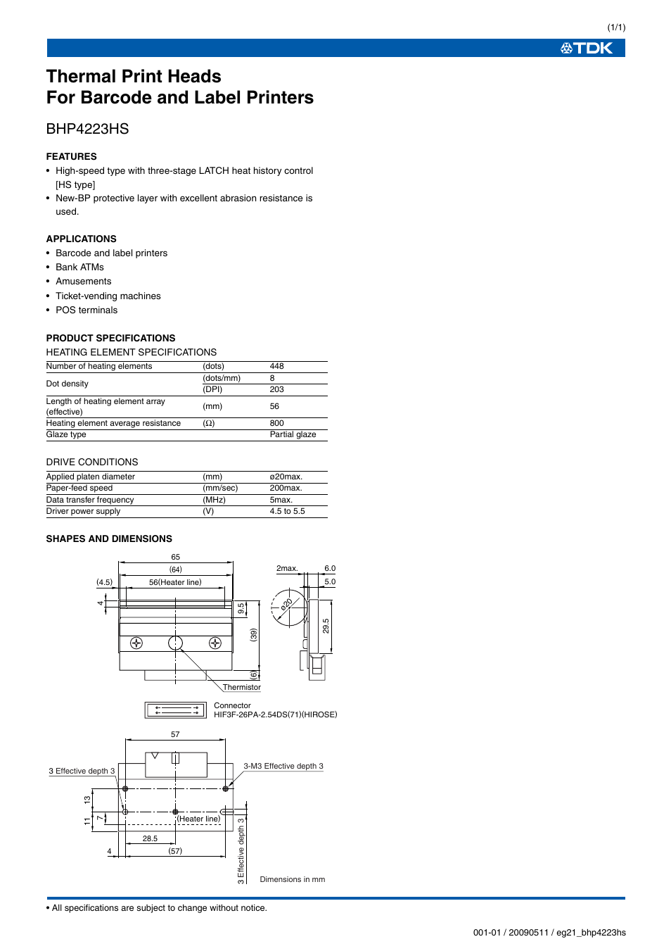 TDK BHP4223HS User Manual | 1 page