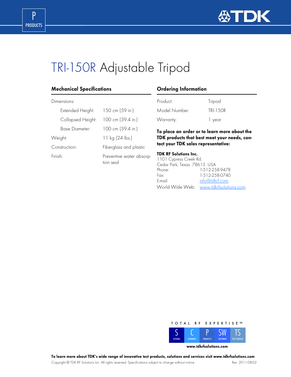 Tri-150r adjustable tripod | TDK TRI-150R User Manual | Page 2 / 2