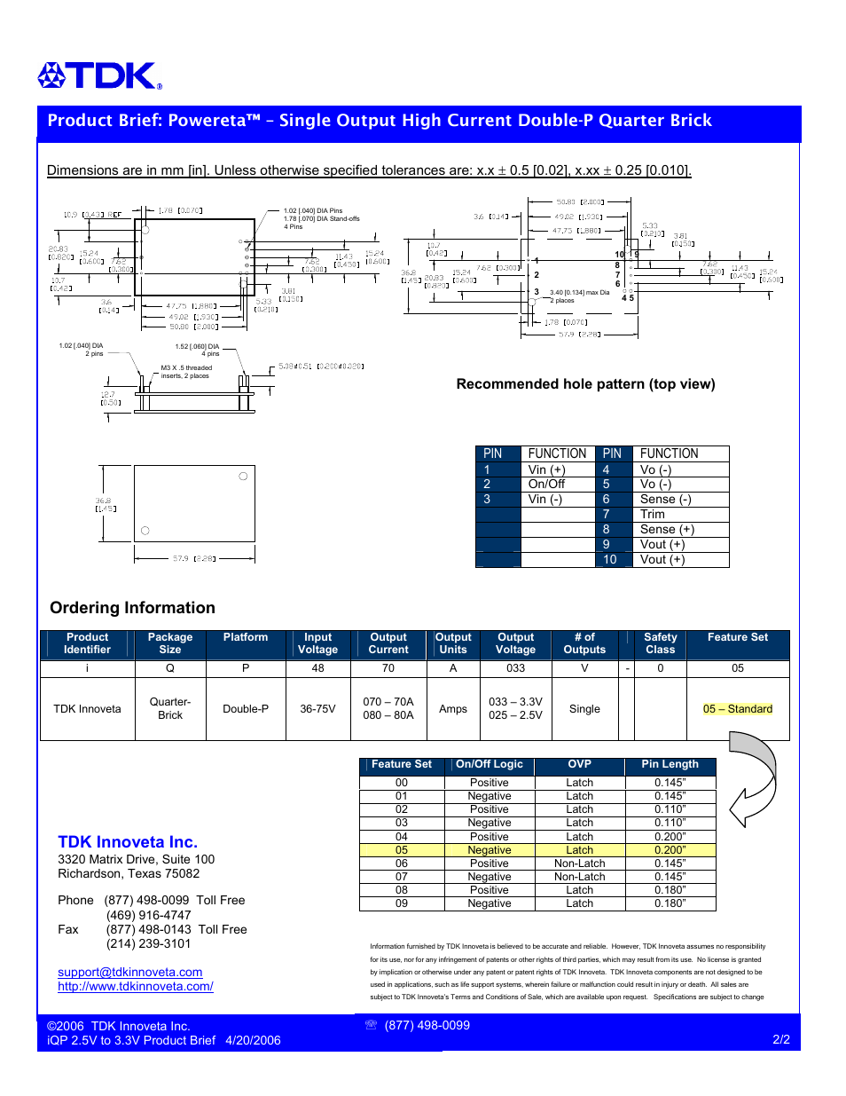 Ordering information, Tdk innoveta inc | TDK Powereta iQP48080A025V User Manual | Page 2 / 2