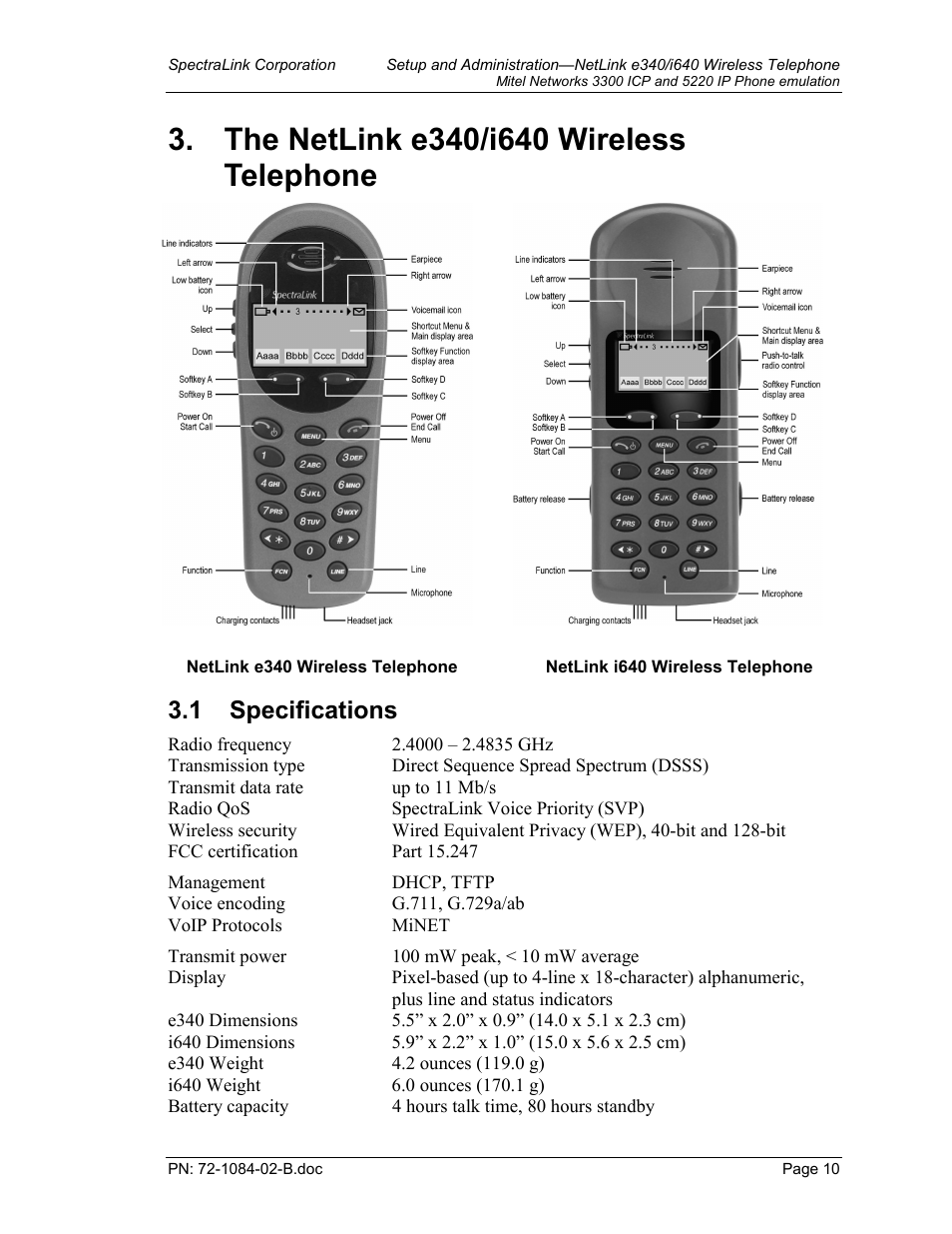 The netlink e340/i640 wireless telephone, Specifications, Specifications 10 | 1 specifications | TDK 3300 ICP User Manual | Page 10 / 42