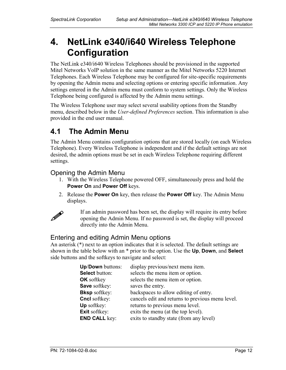 Netlink e340/i640 wireless telephone configuration, The admin menu, 1 the admin menu | TDK 3300 ICP User Manual | Page 12 / 42