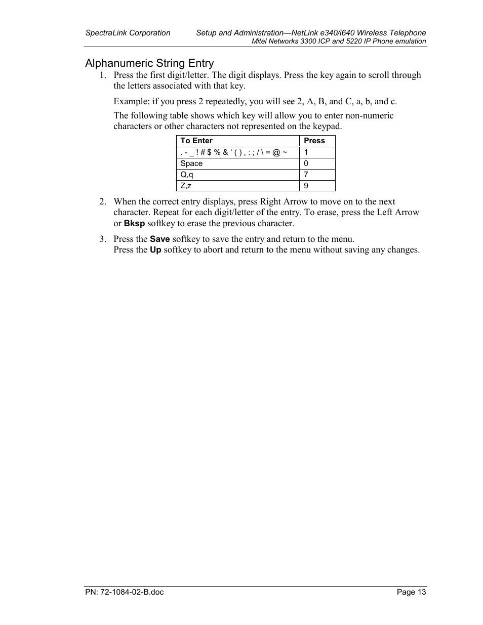 Alphanumeric string entry | TDK 3300 ICP User Manual | Page 13 / 42