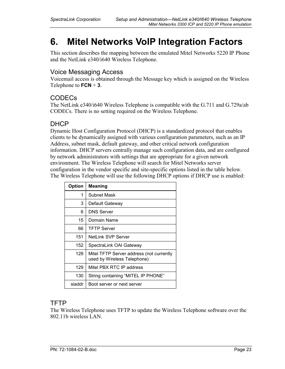 Mitel networks voip integration factors, Voice messaging access, Codecs | Dhcp, Tftp | TDK 3300 ICP User Manual | Page 23 / 42