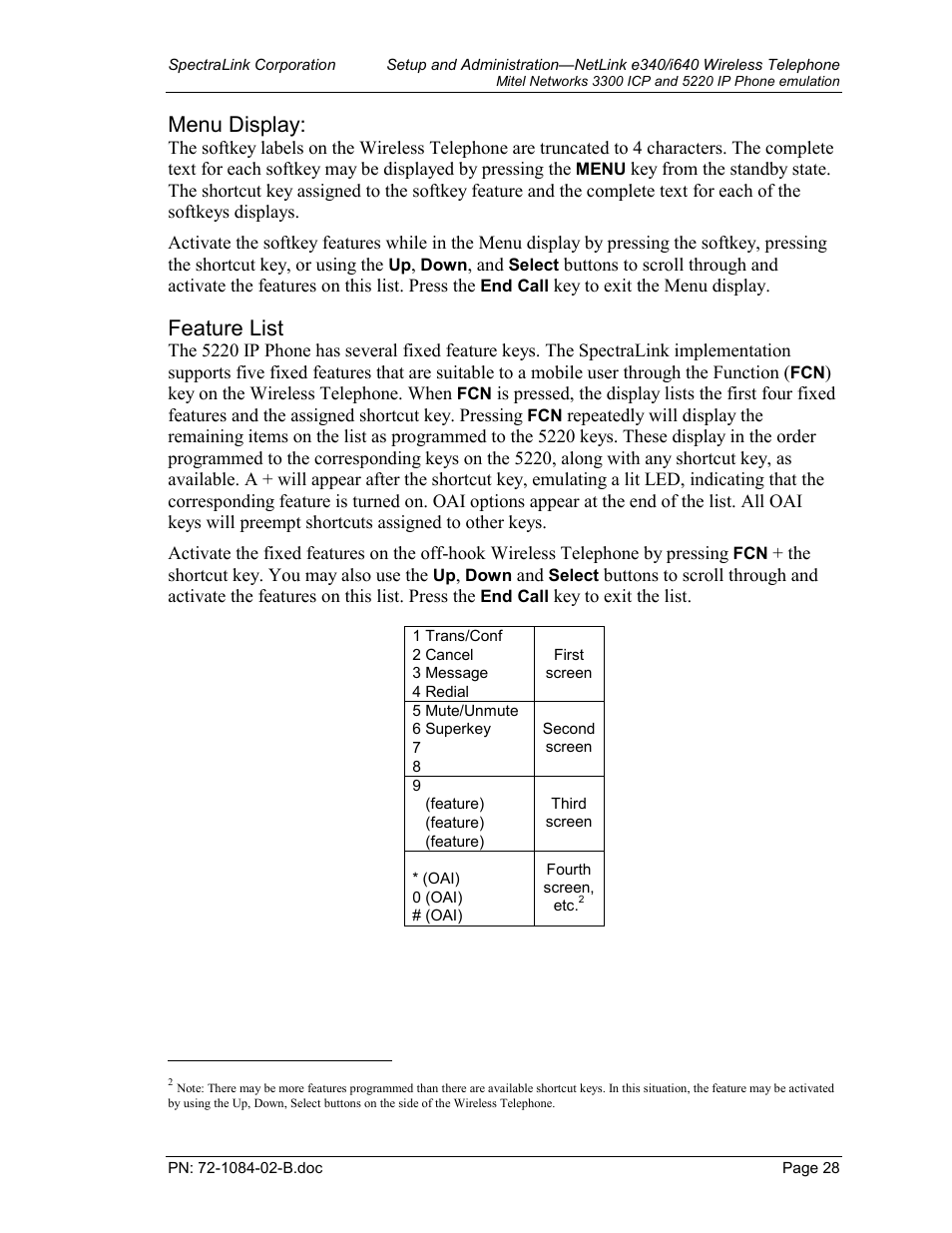 Feature access, Menu display, Feature list | TDK 3300 ICP User Manual | Page 28 / 42