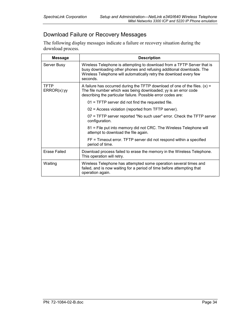 Software maintenance, Upgrading wireless telephones, Download failure or recovery messages | TDK 3300 ICP User Manual | Page 34 / 42