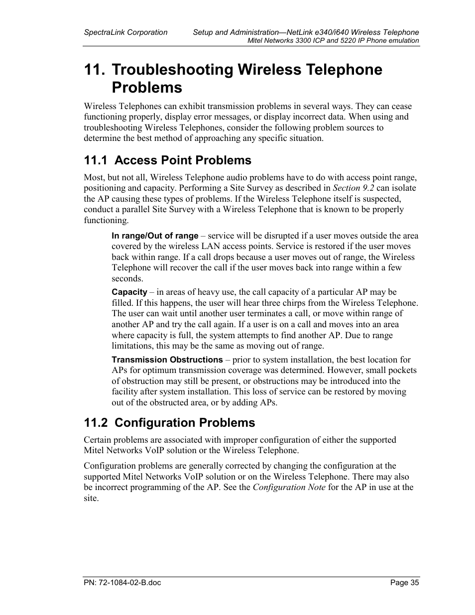 Troubleshooting wireless telephone problems, 1 access point problems, 2 configuration problems | TDK 3300 ICP User Manual | Page 35 / 42