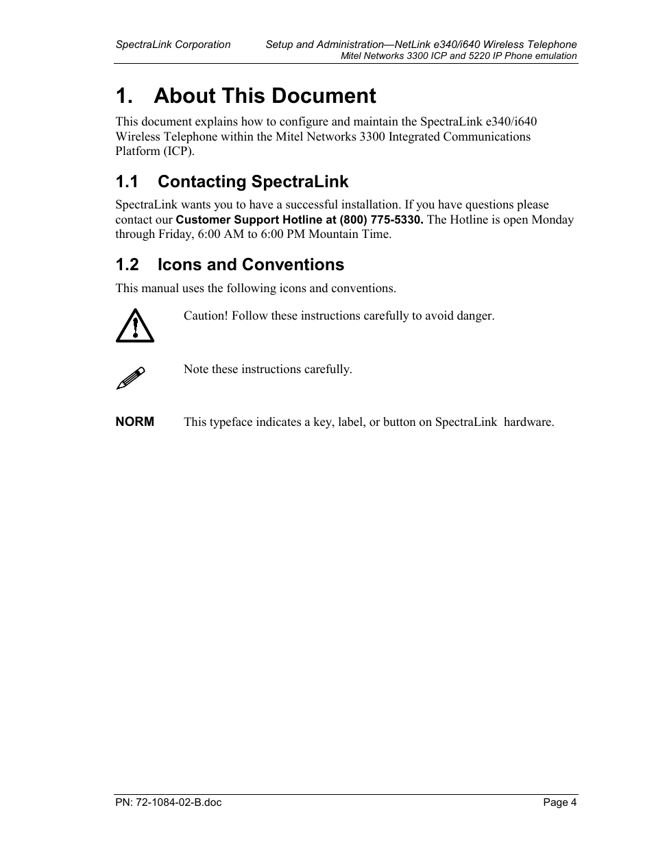 About this document, Contacting spectralink, Icons and conventions | TDK 3300 ICP User Manual | Page 4 / 42