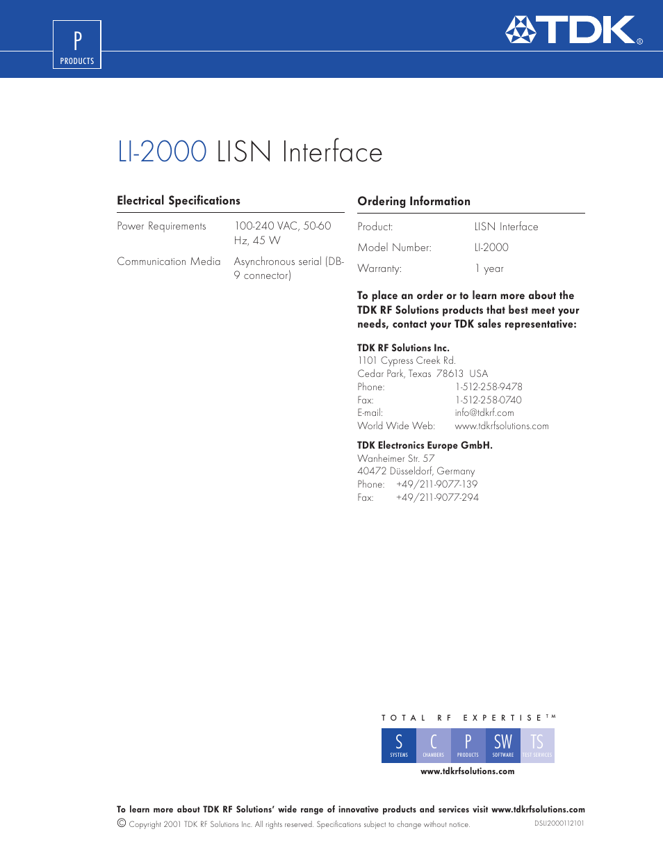Li-2000 lisn interface | TDK LI-2000-3816 User Manual | Page 2 / 2