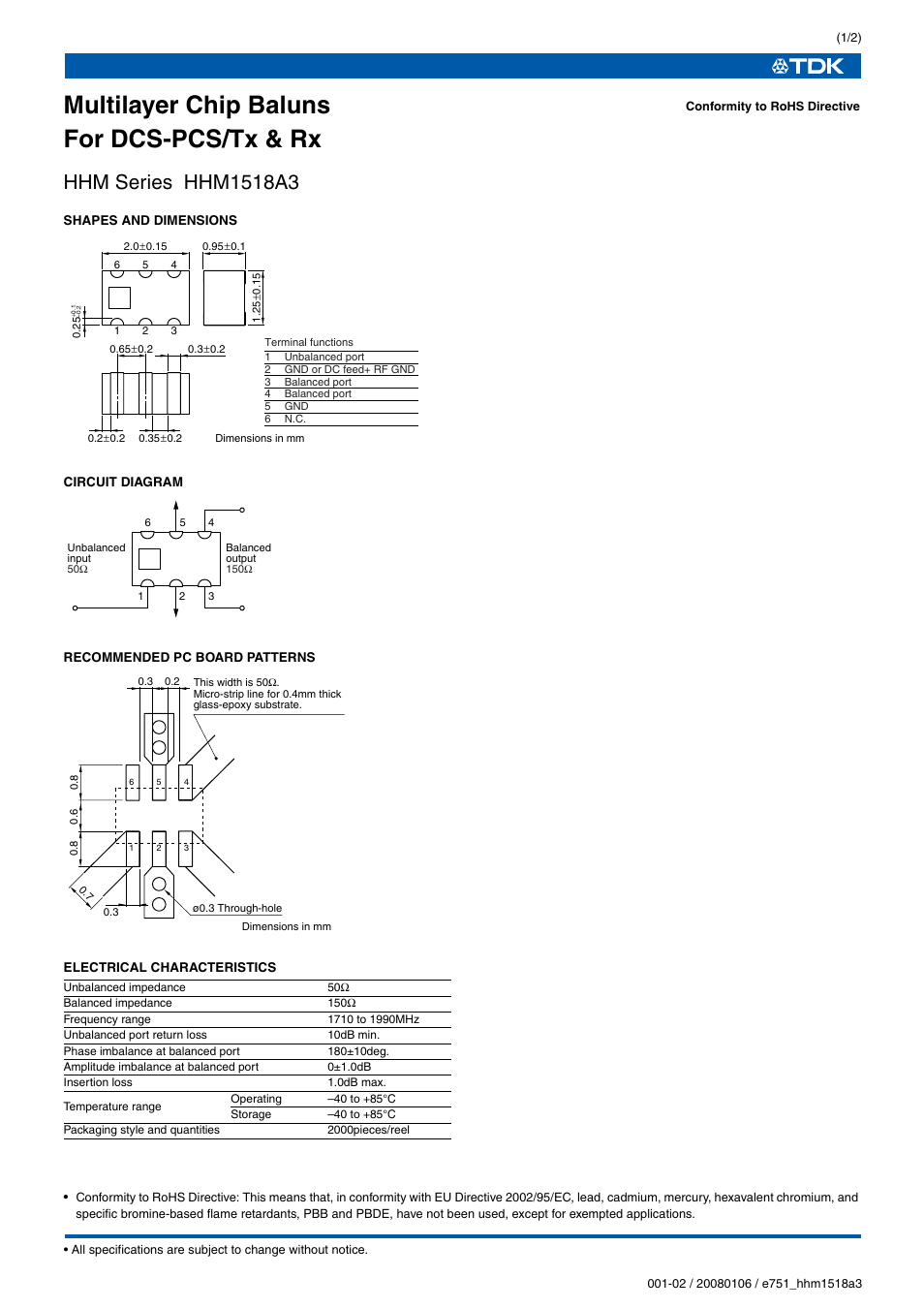 TDK HHM Series HHM1518A3 User Manual | 2 pages
