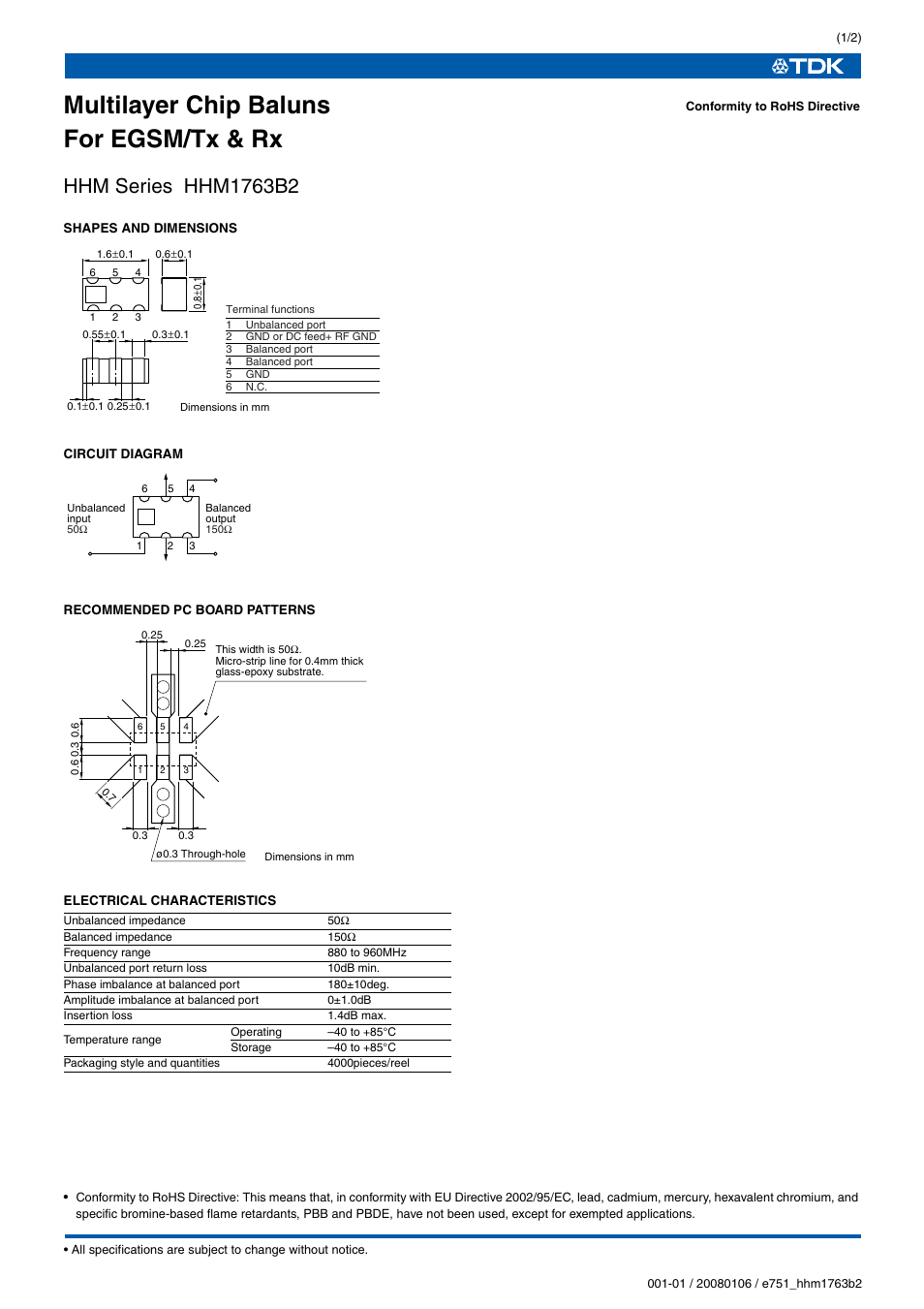 TDK HHM Series HHM1763B2 User Manual | 2 pages