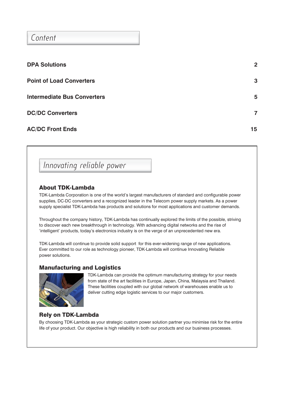 Innovating reliable power, Content | TDK Power Supply/DC to DC Converter/CCFL Inverter User Manual | Page 2 / 18