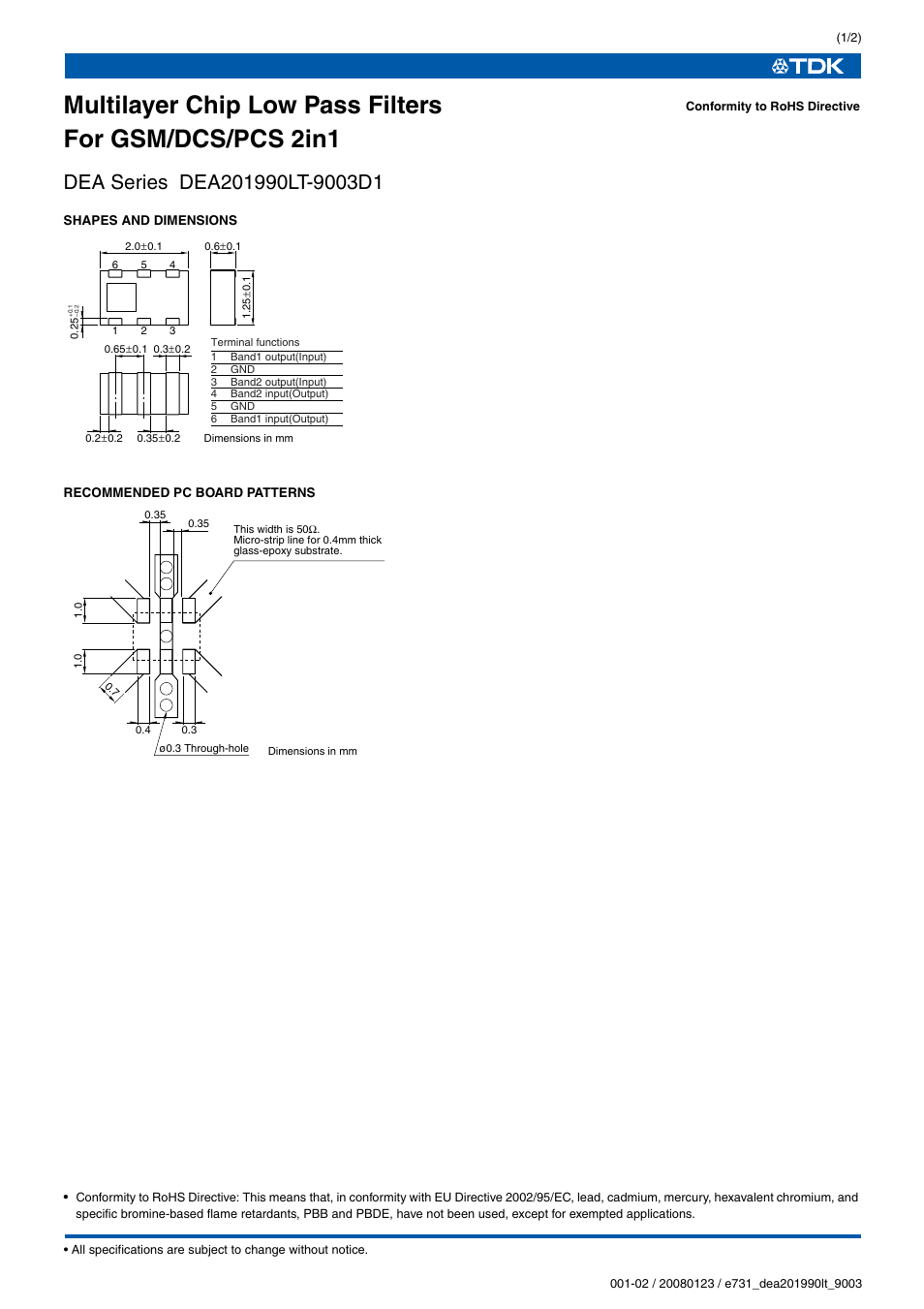 TDK DEA Series DEA201990LT-9003D1 User Manual | 2 pages