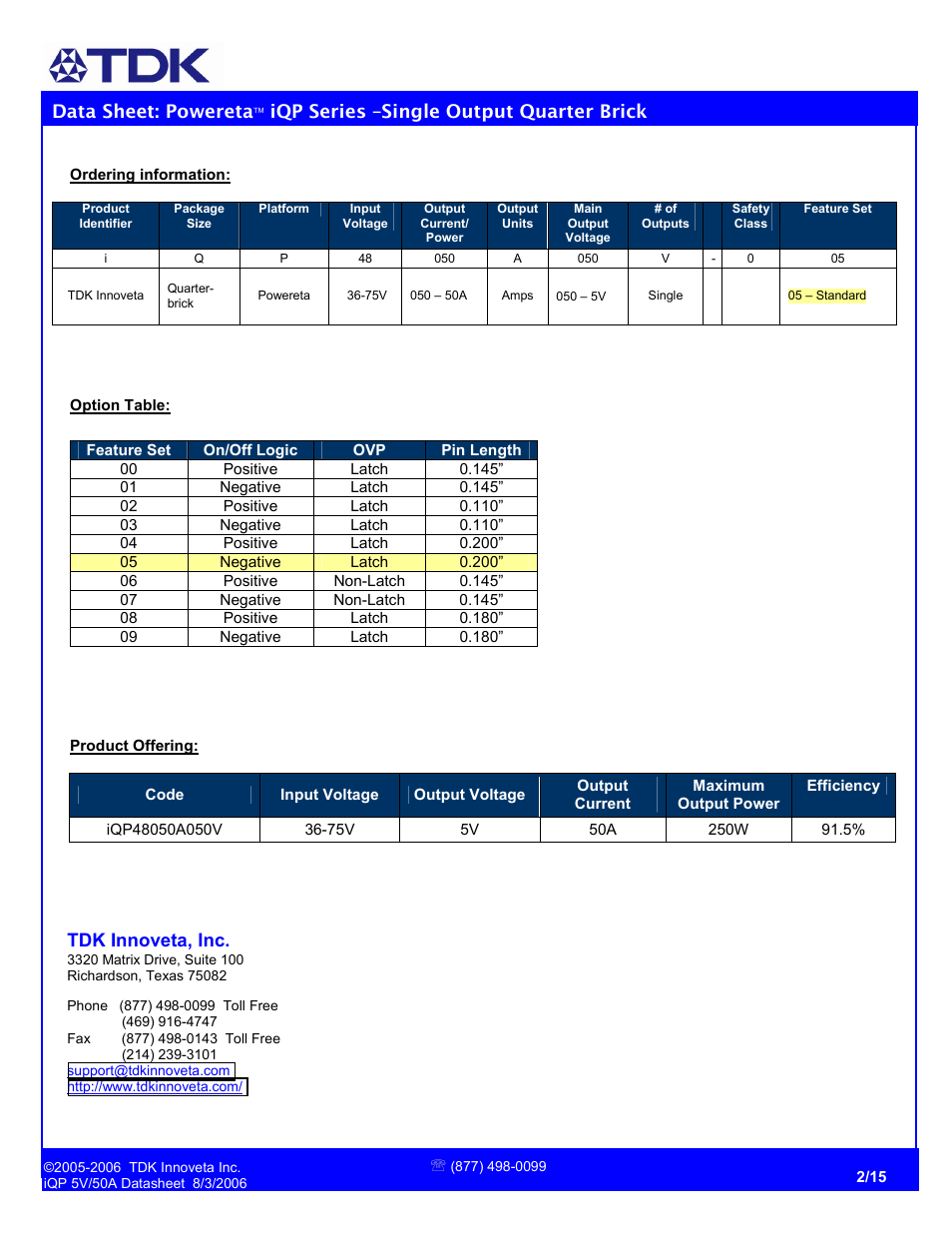 Data sheet: powereta, Iqp series –single output quarter brick, Tdk innoveta, inc | TDK Powereta iQP 5V/50A User Manual | Page 2 / 15