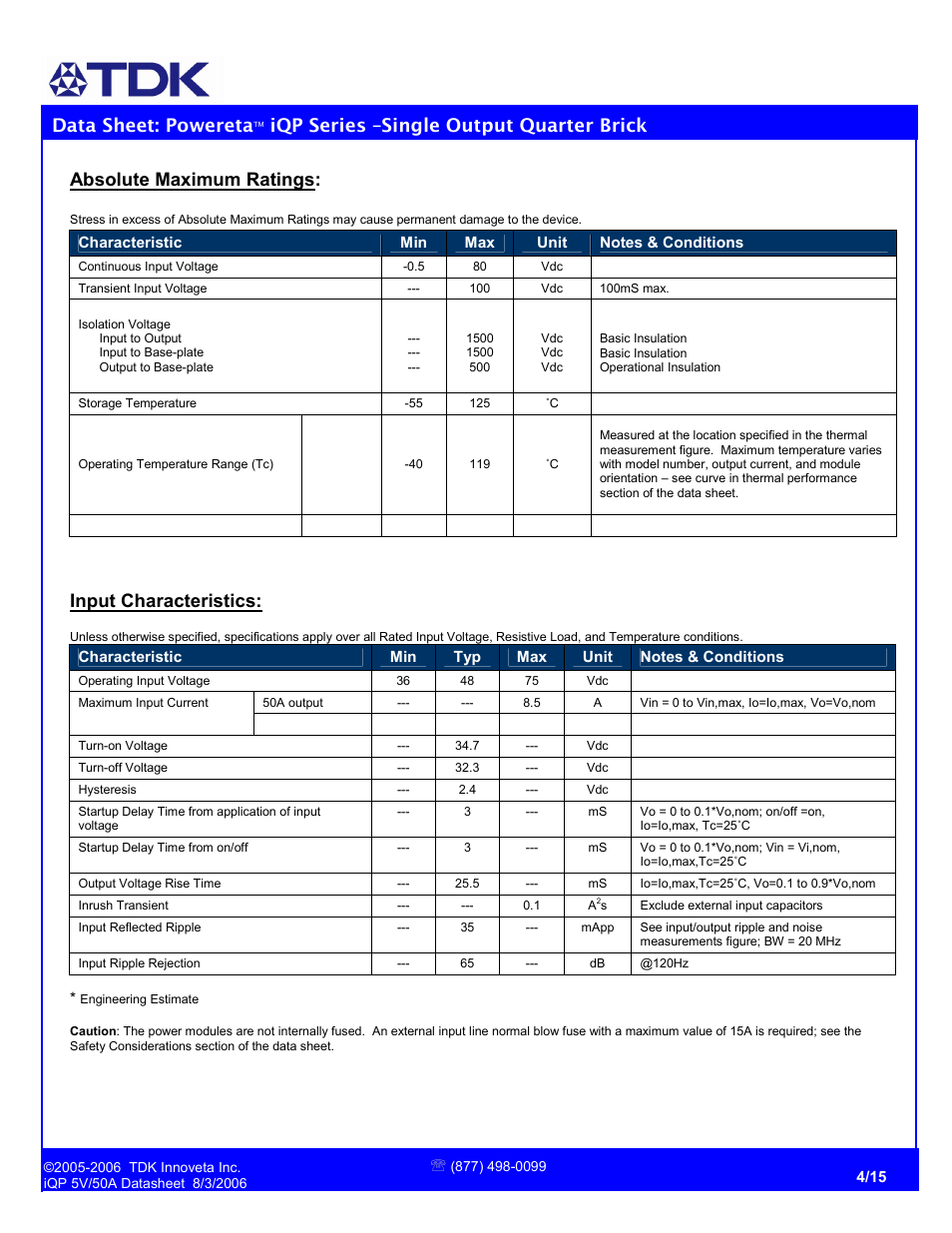 Data sheet: powereta, Iqp series –single output quarter brick, Absolute maximum ratings | Input characteristics | TDK Powereta iQP 5V/50A User Manual | Page 4 / 15