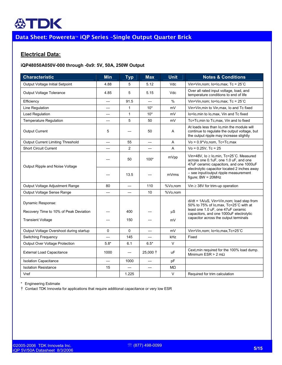 Data sheet: powereta, Iqp series –single output quarter brick, Electrical data | TDK Powereta iQP 5V/50A User Manual | Page 5 / 15